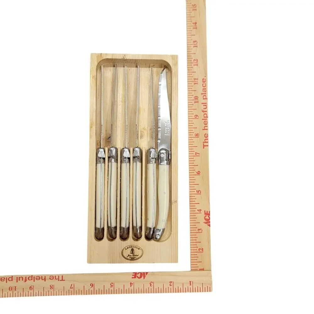 Laguiole Jean Dubost France Steak Knives Set of 6 Ivory Cream Handles Wood Block